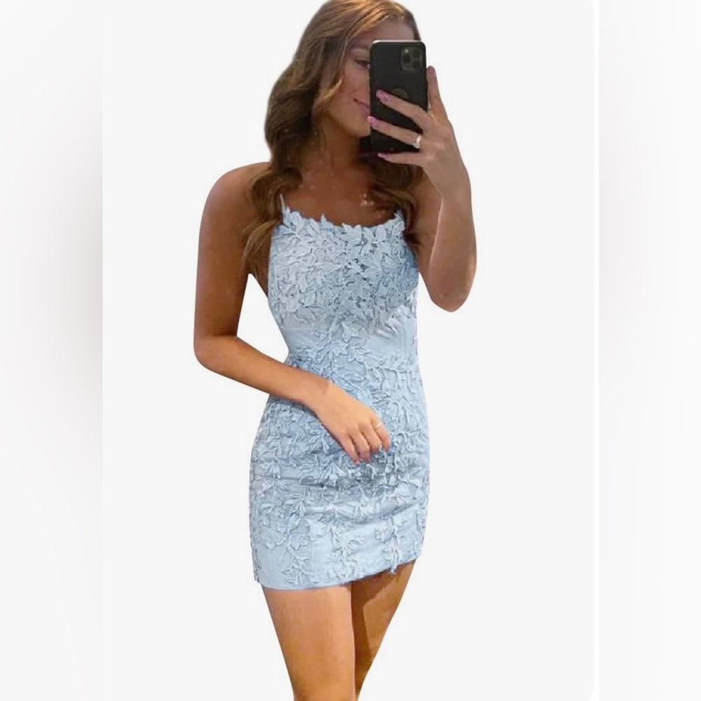 Women’s sky blue homecoming/prom spaghetti straps backless mini dress